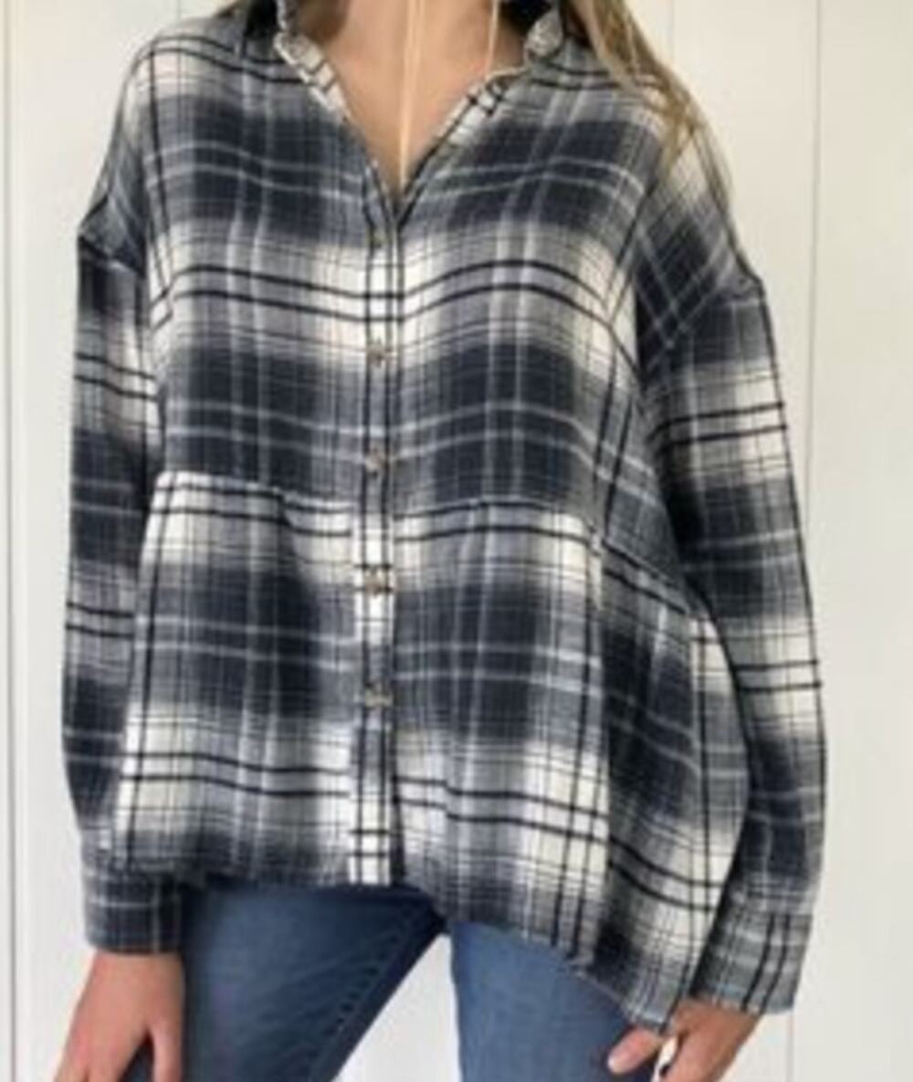 American Eagle Long Sleeve Plaid Button Down Peplum Flannel Top Blue Large